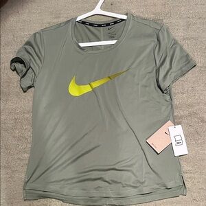 Nike Women's Olive Tee with Neon Yellow Swoosh